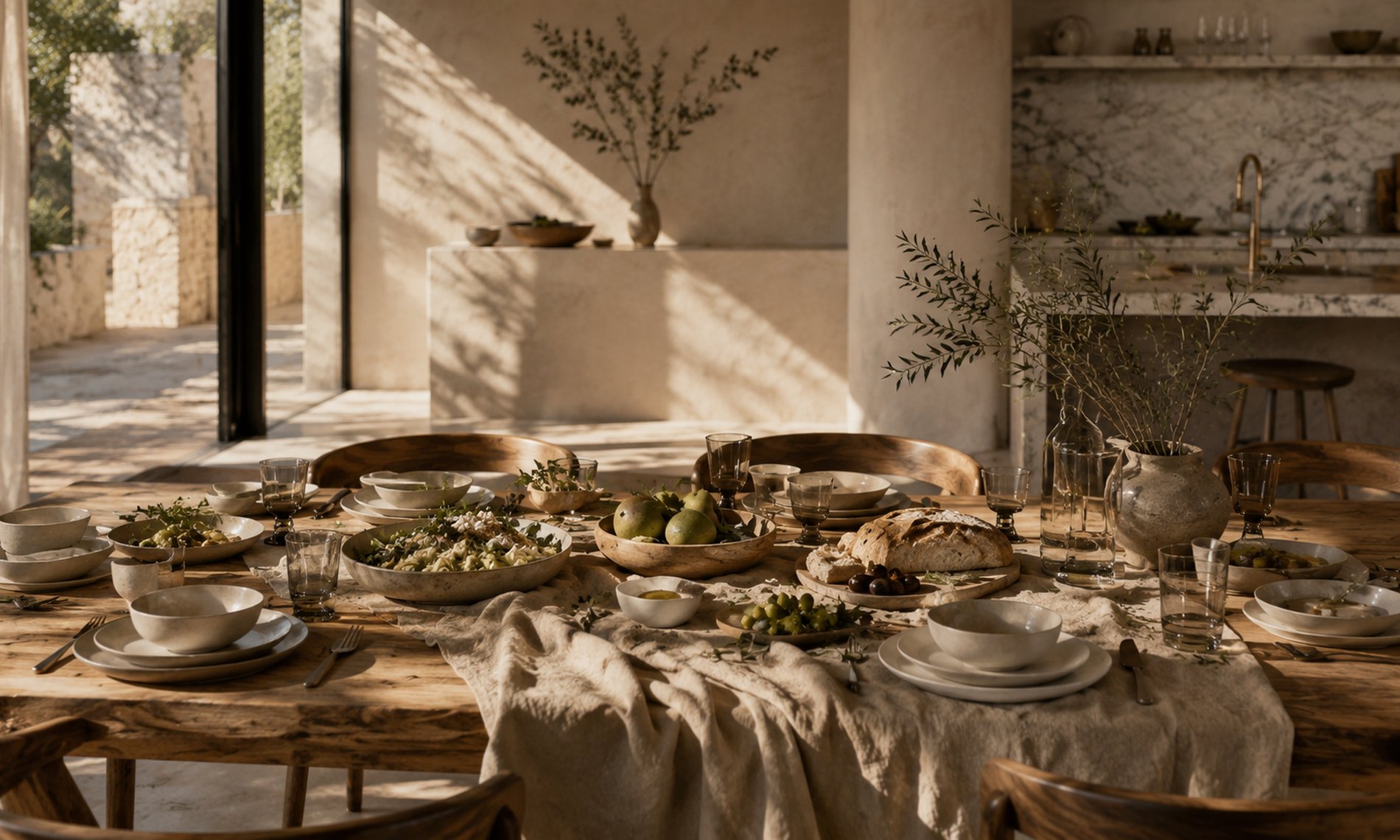 A laid table with ceramics, glass and linen in warm light