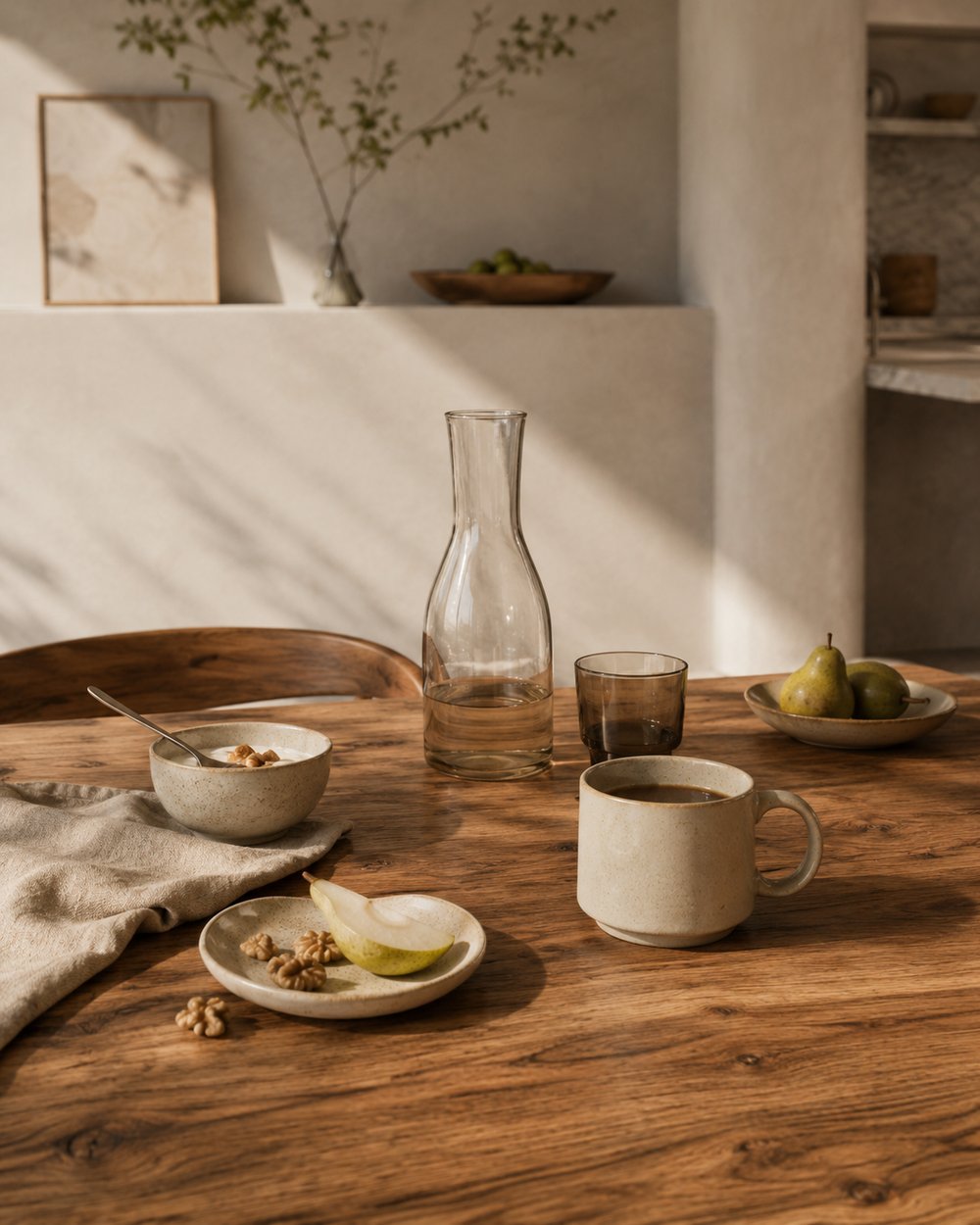 A breakfast table with carafe, plates and linen